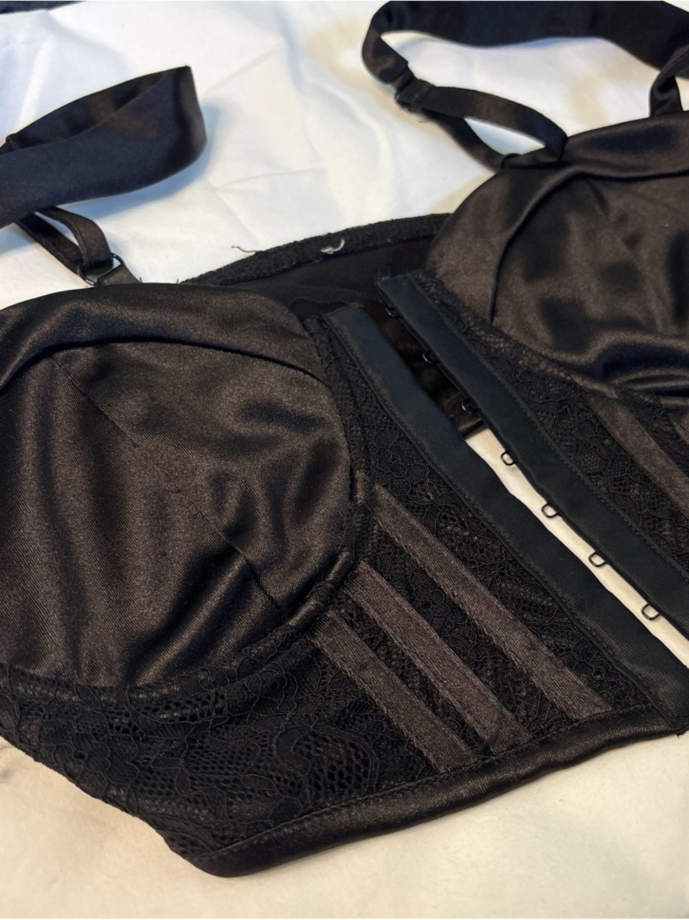 Black Satin Lace Longline Bustier Bra